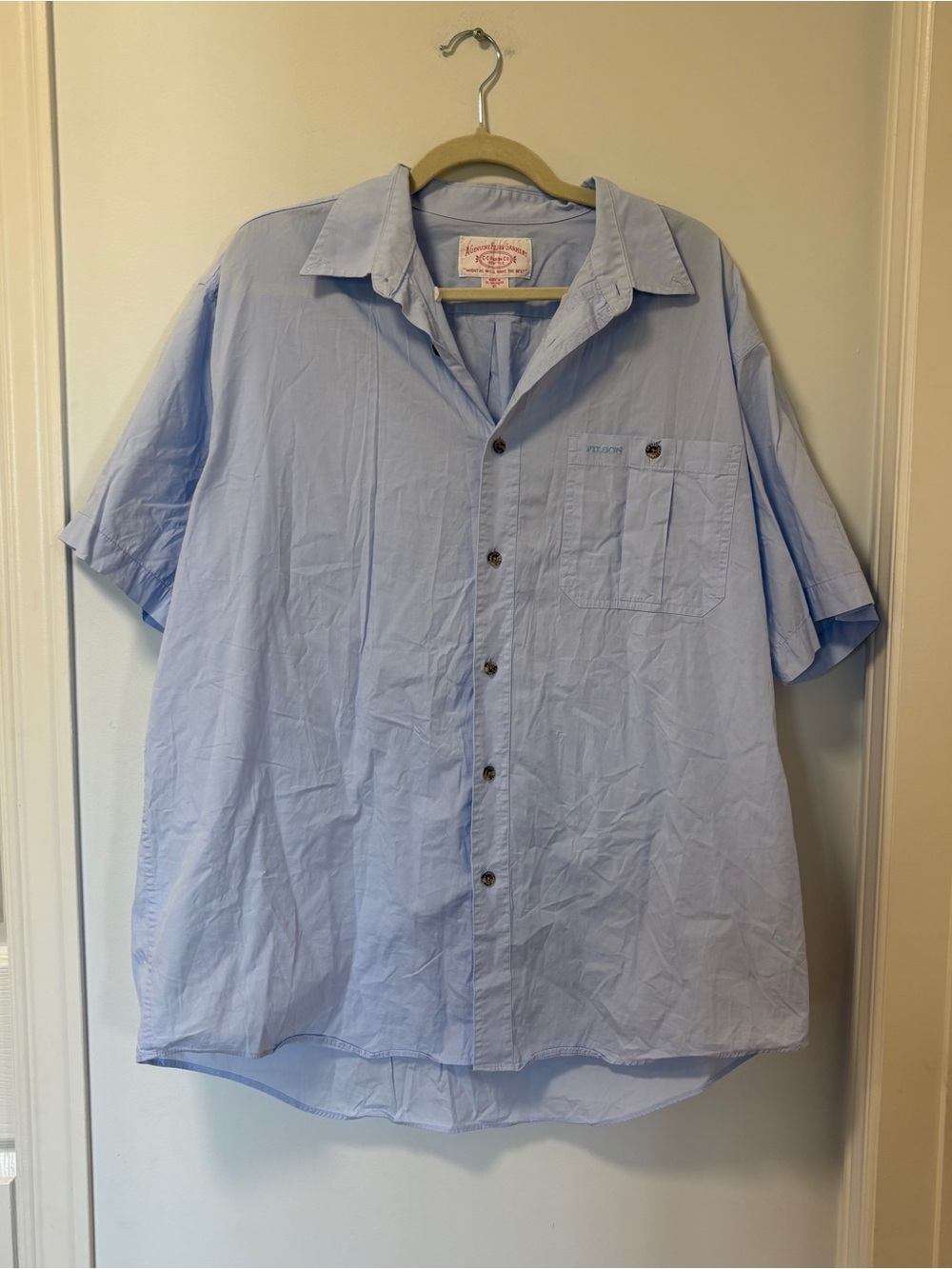 CC Filson Button Down Short Sleeve Shirt Mens XL Light Blue Western 100% Cotton